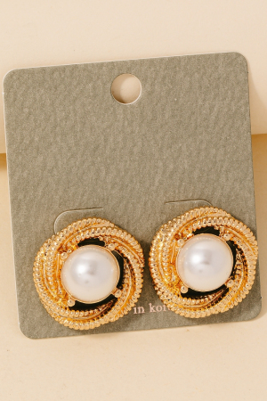 Pearl Stud Metallic Knot Stud Earrings