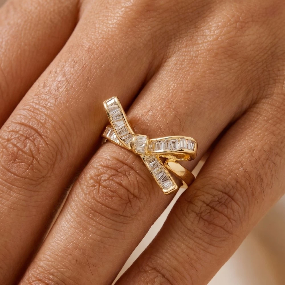 Baguette Pave Ribbon Bow Band Ring
