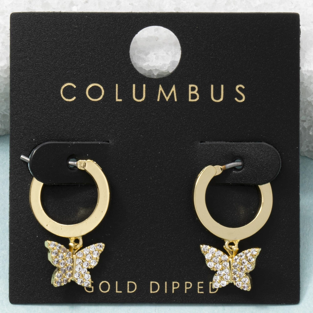 Gold Dipped Pave Butterfly Charm Hoop Earrings