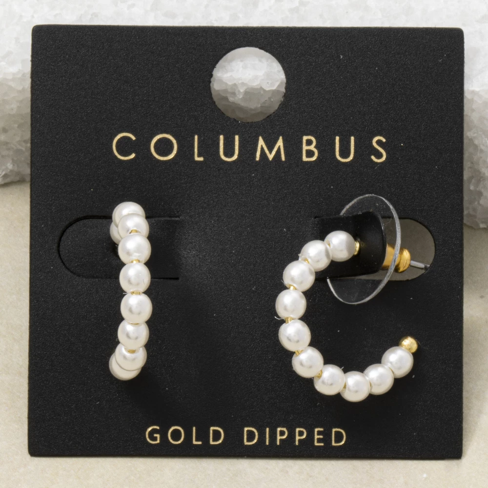 Gold Dipped Pearl Beaded Open Hoop Earrings