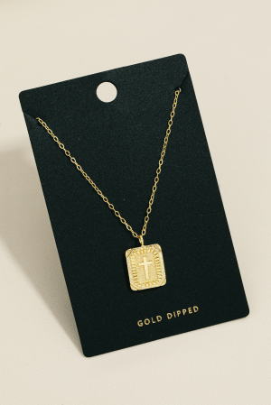 Gold Dipped Cross Engraved Pendant Necklace
