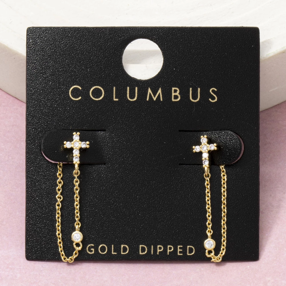 Gold Dipped Cz Cross Stud Chain Drape Earrings