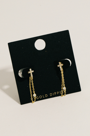 Pave Cross Stud Chain Dangle Earrings