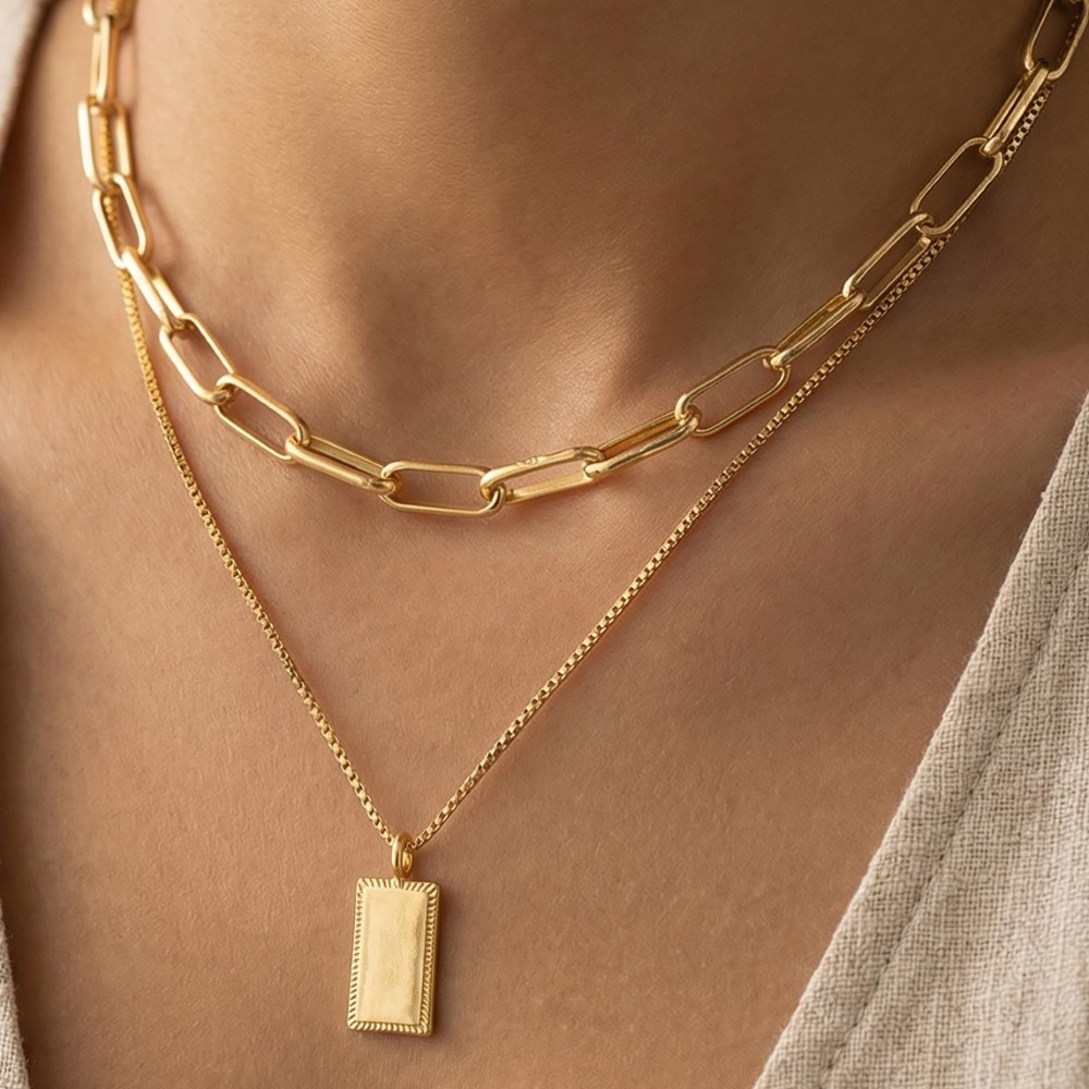 Rectangle Pendant Layered Necklace