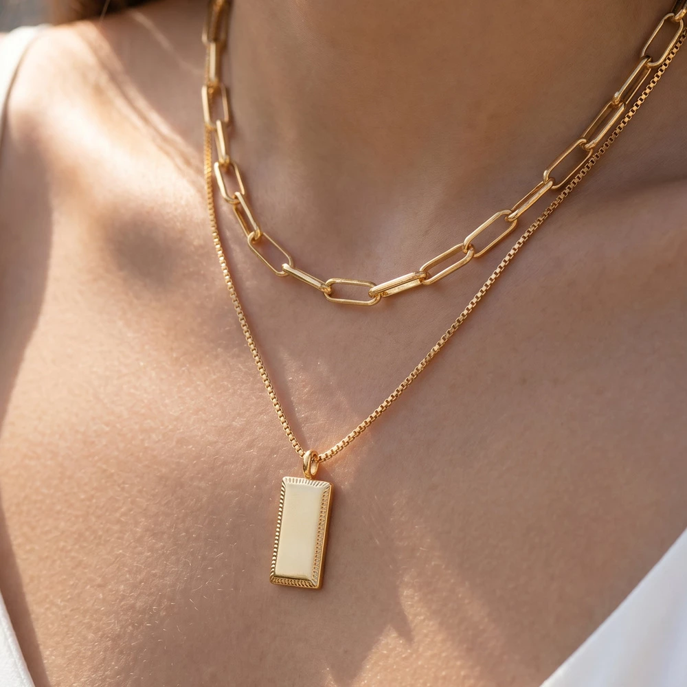 14K Gold Dipped Bar Pendant Double Layer Necklace