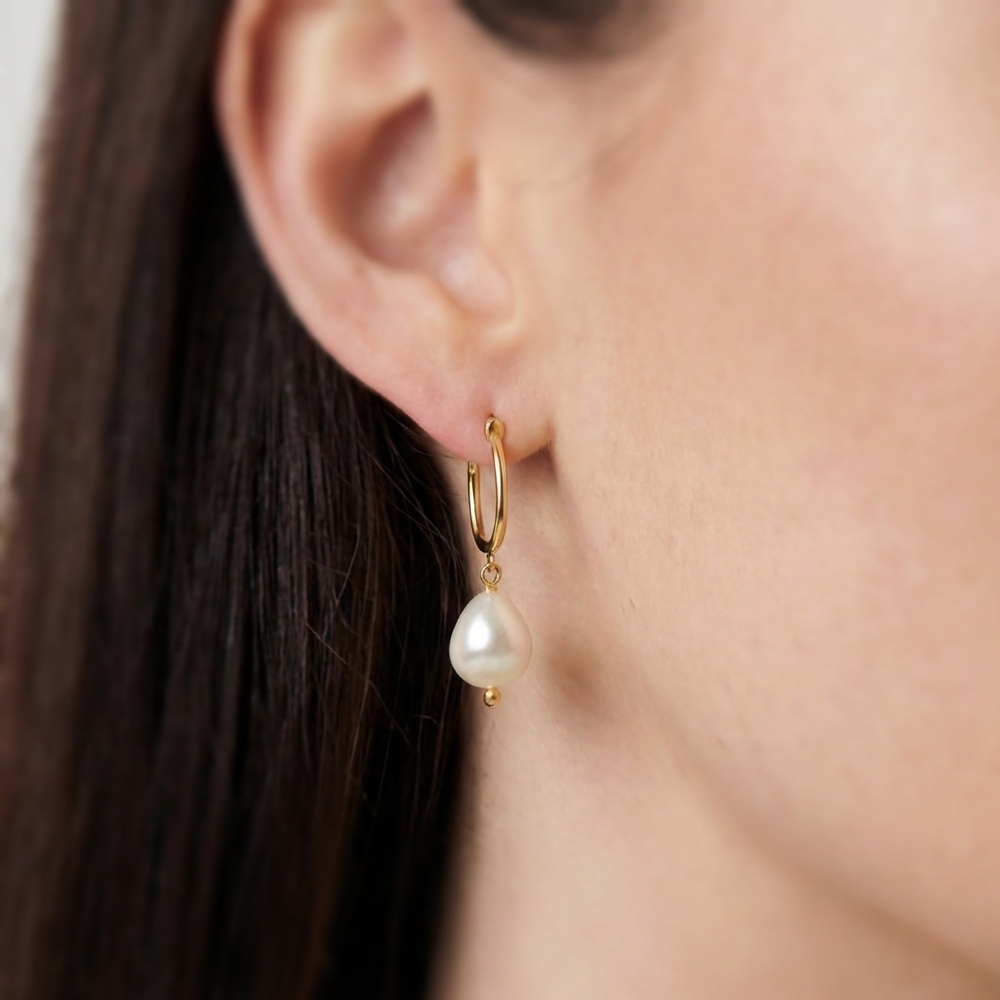 Gold Dipped Pearl Charm Latch Hoop Earrings