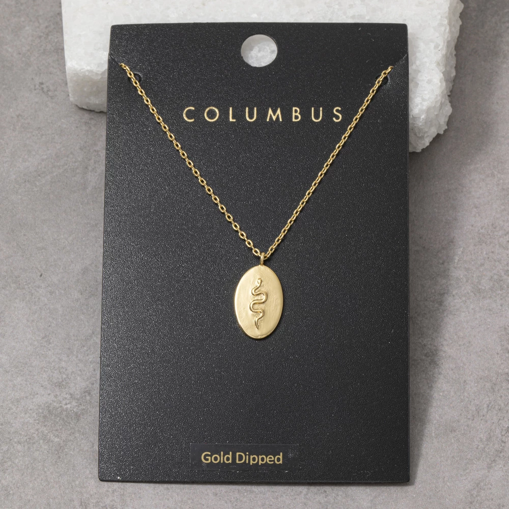 Gold Dipped Snake Embossed Oval Pendant Necklace