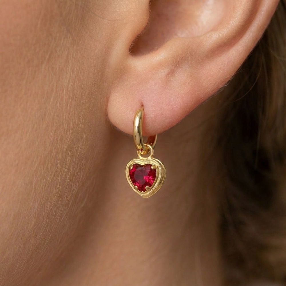 Gold Dipped Red Cz Heart Charm Hoop Earrings