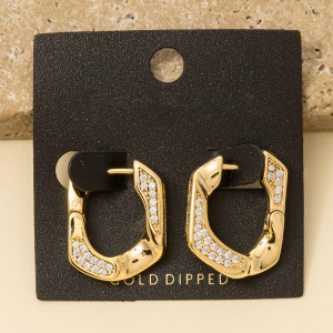 Gold Dipped Cz Pave Single Curb Link Hoop Earrings