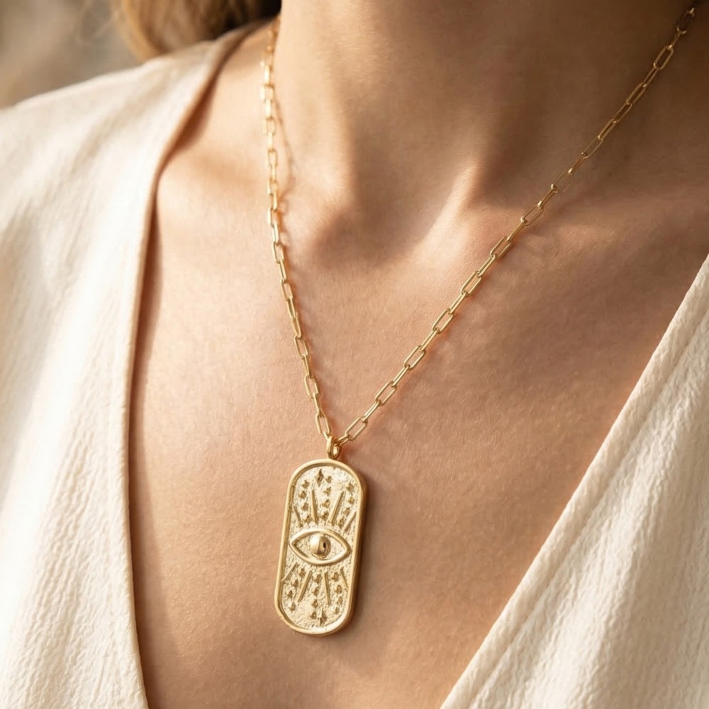 Gold Dipped Evil Eye Dog Tag Pendant Necklace