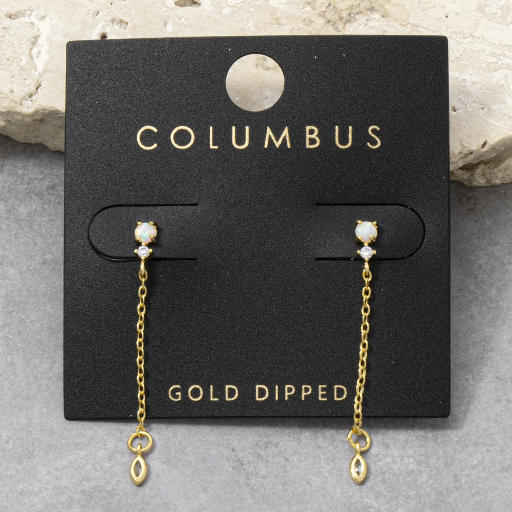 Gold Dipped Opal Stud Front Back Chain Earrings