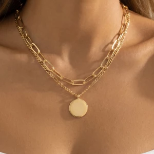 Layered Paperclip Chain Coin Pendant Necklace