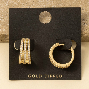 Gold Dipped Cz Pave 3 Row Wide Hoop Earrings