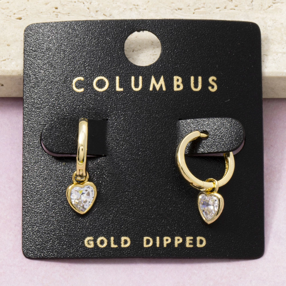 Gold Dipped Bezel Cz Heart Charm Huggie Earrings