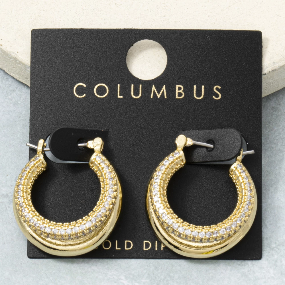 Gold Dipped Triple Row Pave Cz Hoop Earrings