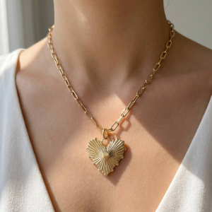 Gold Dipped Heart Pendant Paperclip Chain Necklace