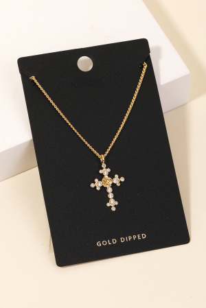 Gold Dipped Studded Cross Pendant Necklace