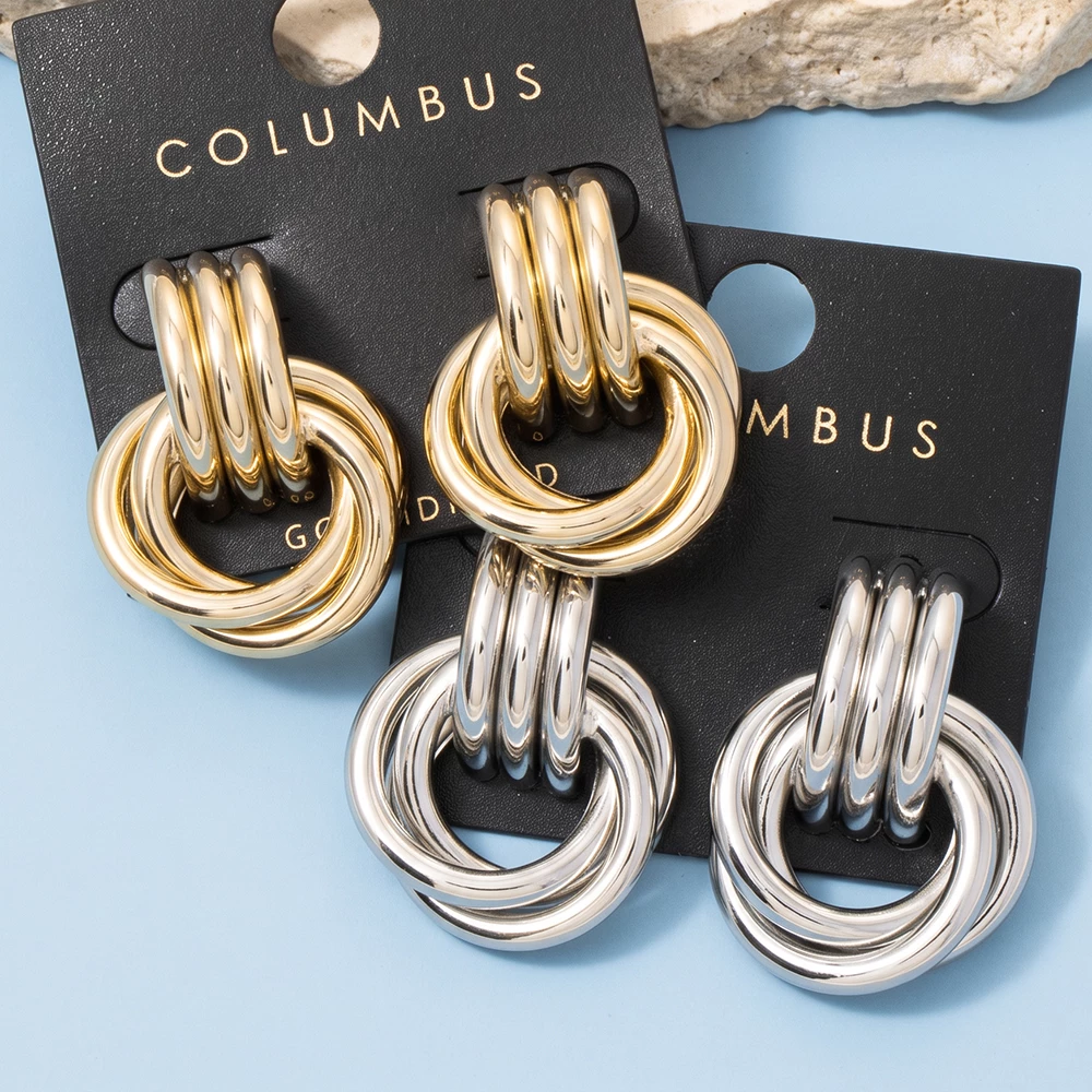 Triple Tube Interlocking Ring Doorknocker Earrings
