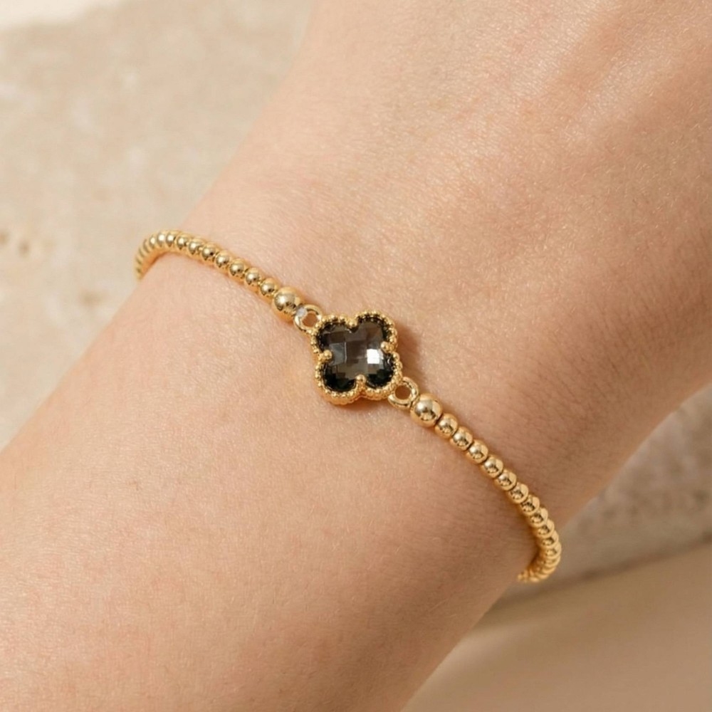 Gold Dipped Faceted Clear Glass Clover Charm Beaded Bracelet