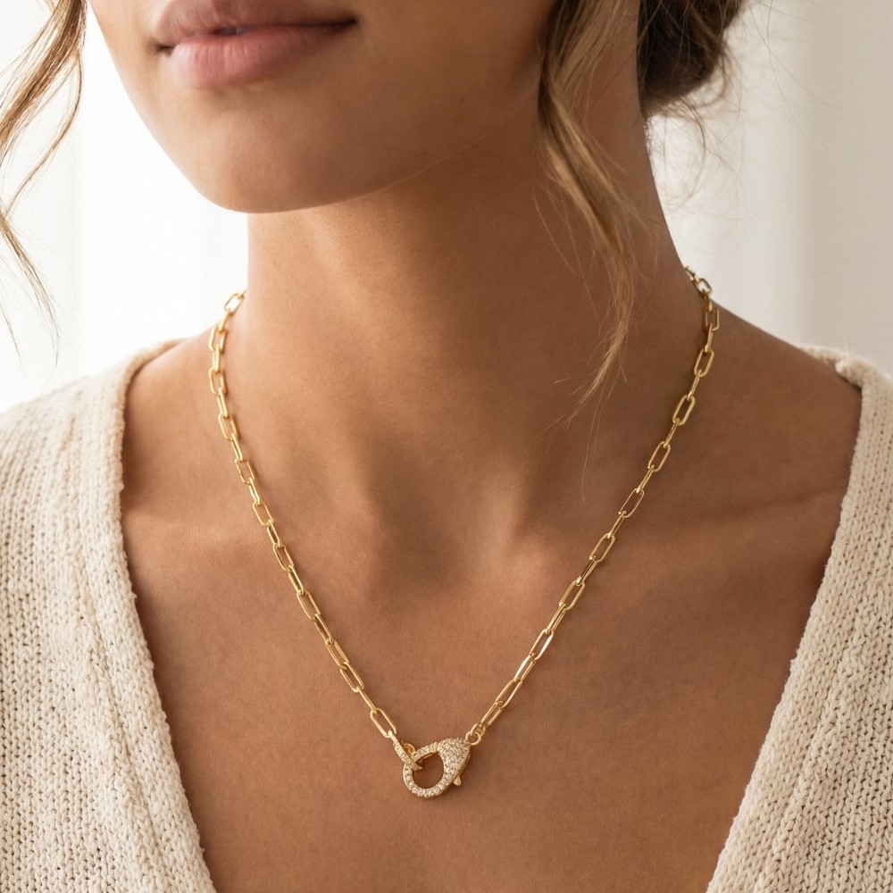 Pave Carabiner Clasp Paperclip Chain Necklace