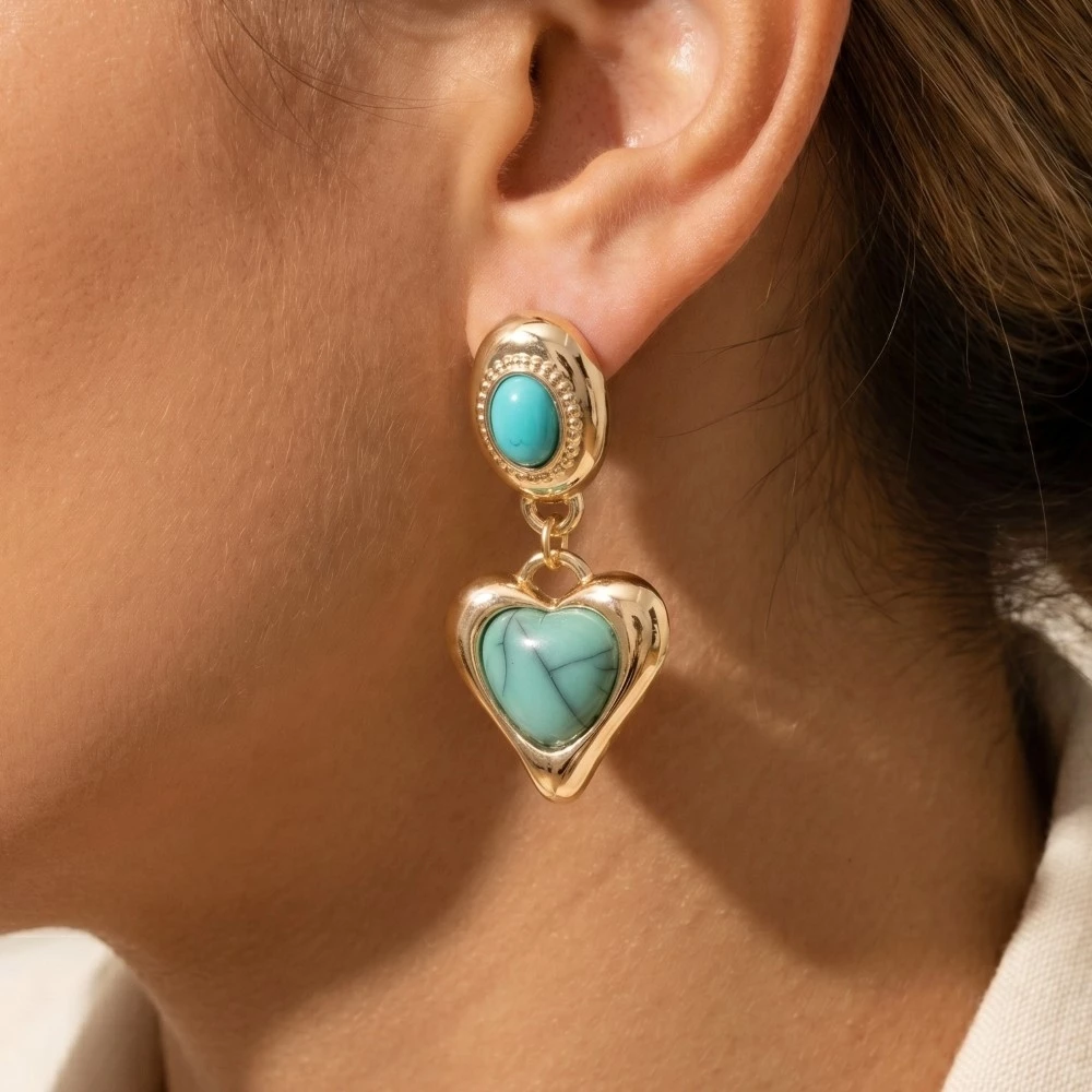 Vintage Style Stone Heart And Oval Dangle Earrings