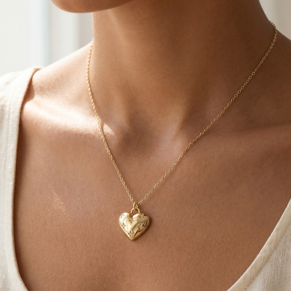 Gold Dipped Mini Cz Stars Heart Pendant Necklace