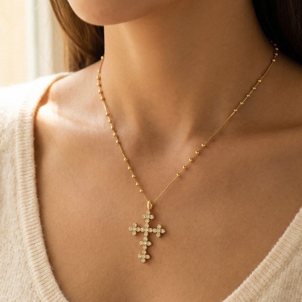 Gold Dipped Cz Ornate Cross Pendant Necklace