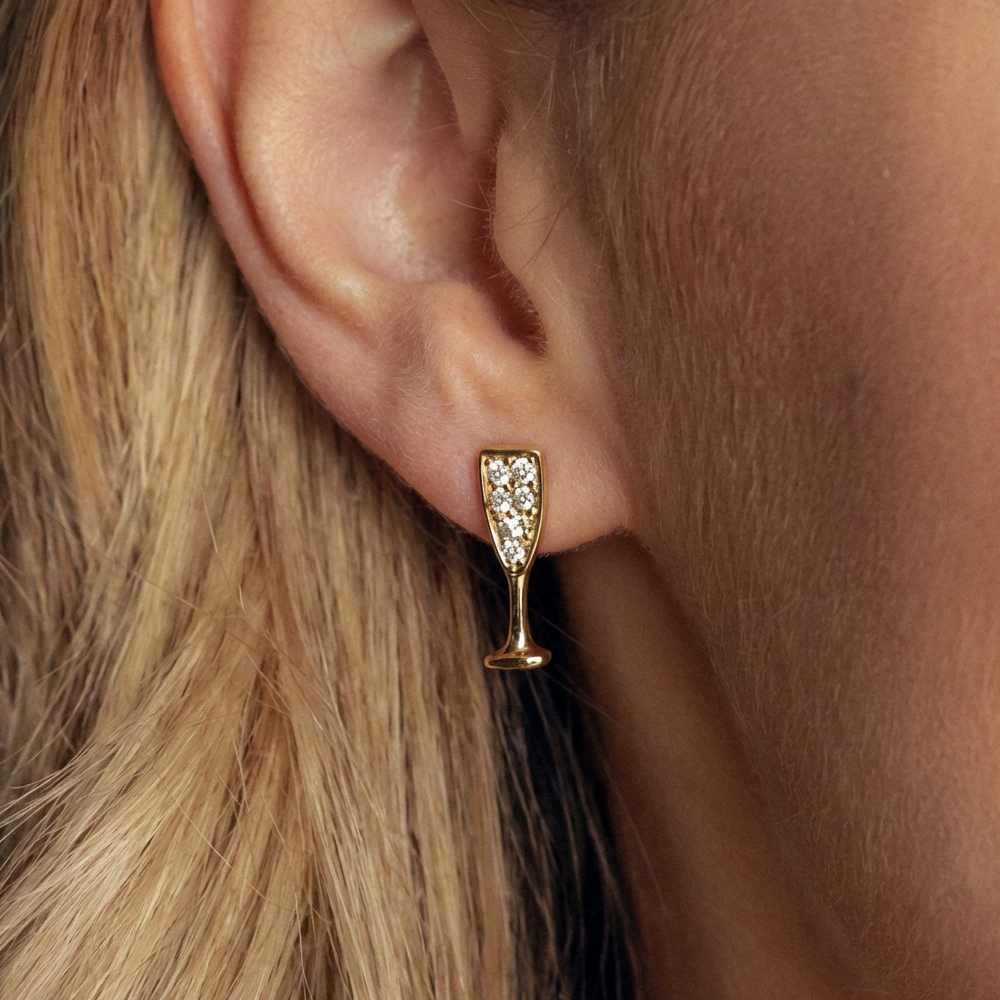 Gold Dipped Cz Pave Champagne Glass Stud Earrings