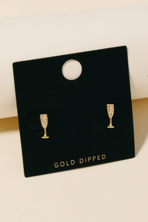Gold Dipped Cz Pave Champagne Glass Stud Earrings