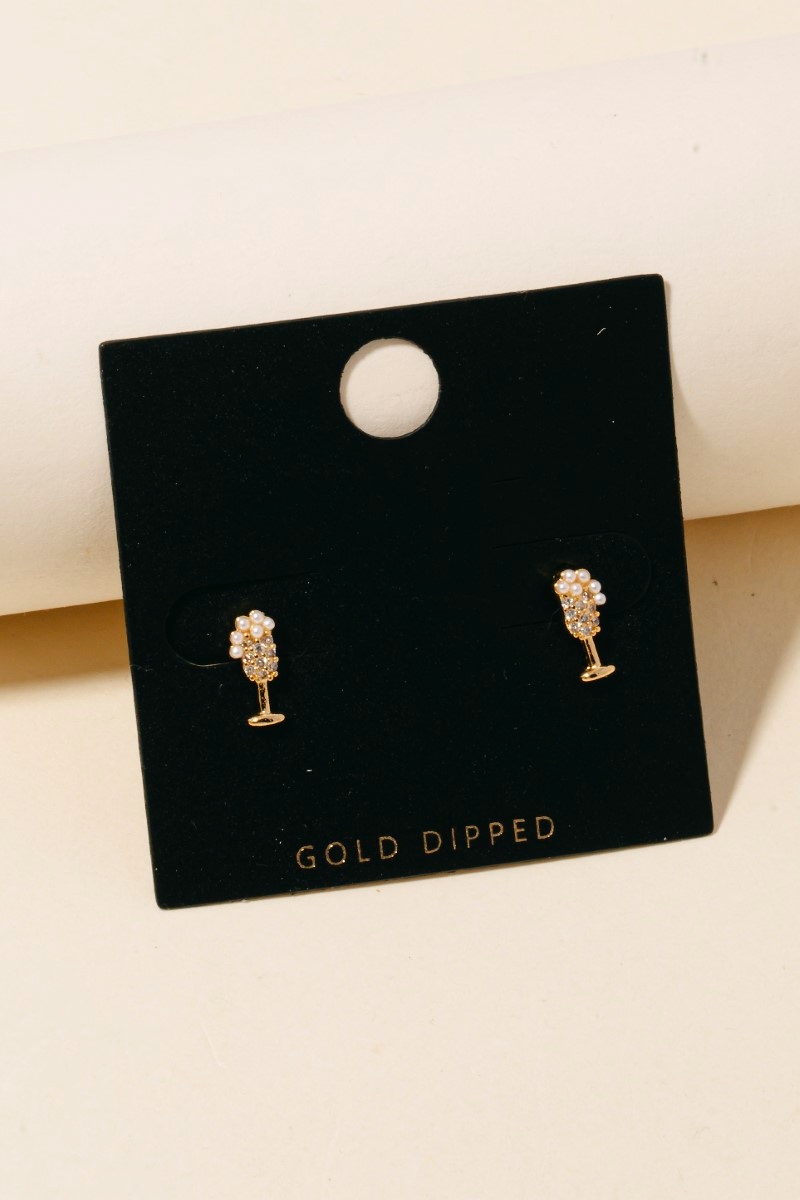 Gold Dipped Cz And Pearl Champagne Glass Stud Earrings