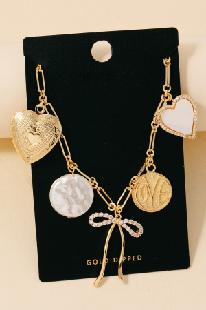Gold Dipped Heart Ribbon And Pearl Coin Charms Necklace