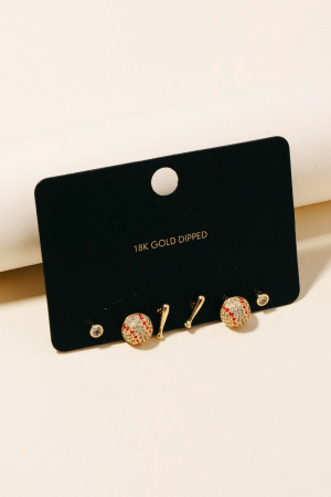 Game Day Gold Dipped Cz Studded Baseball Themed Stud Earring Set