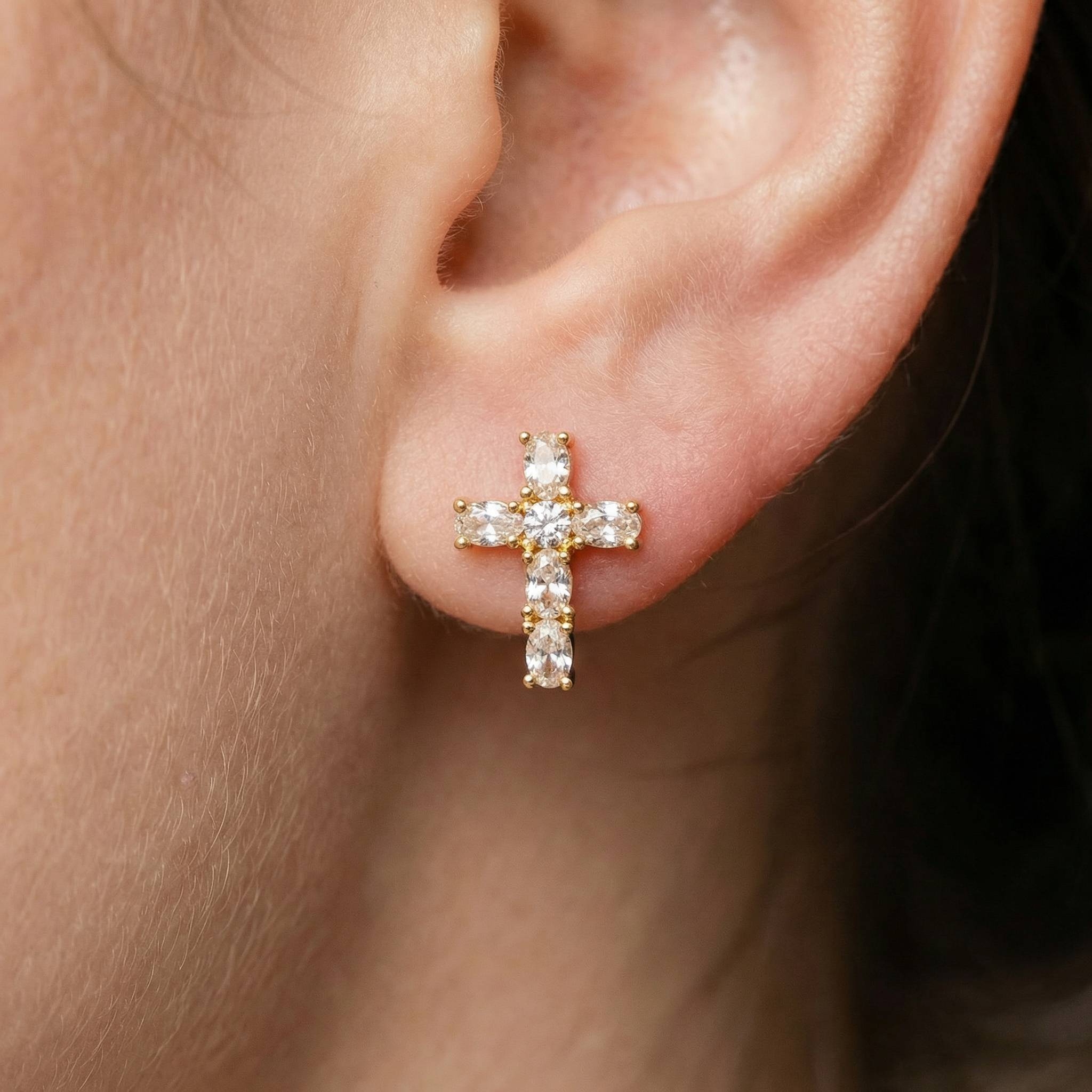 Gold Dipped Cz Studded Cross Stud Earrings