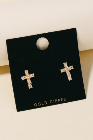Gold Dipped Cz Studded Cross Stud Earrings
