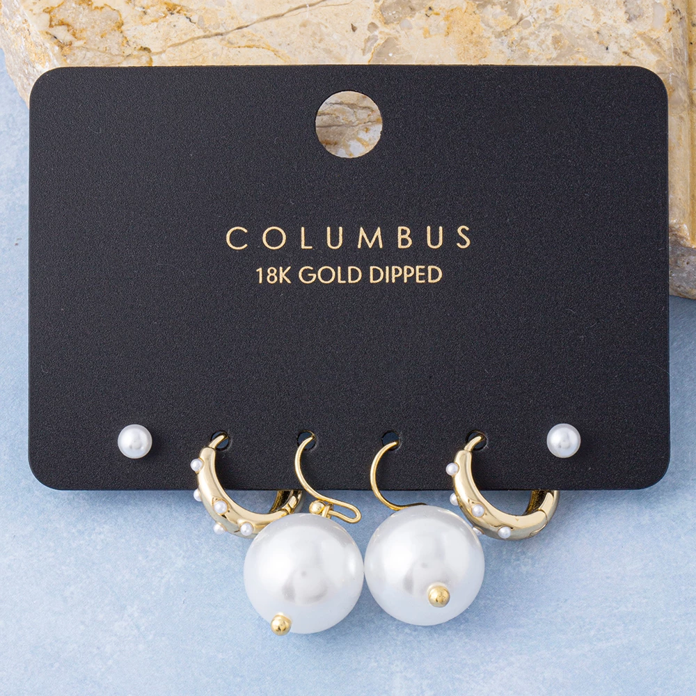 18K Gold Dipped Three Pair Pearl Earring Set
