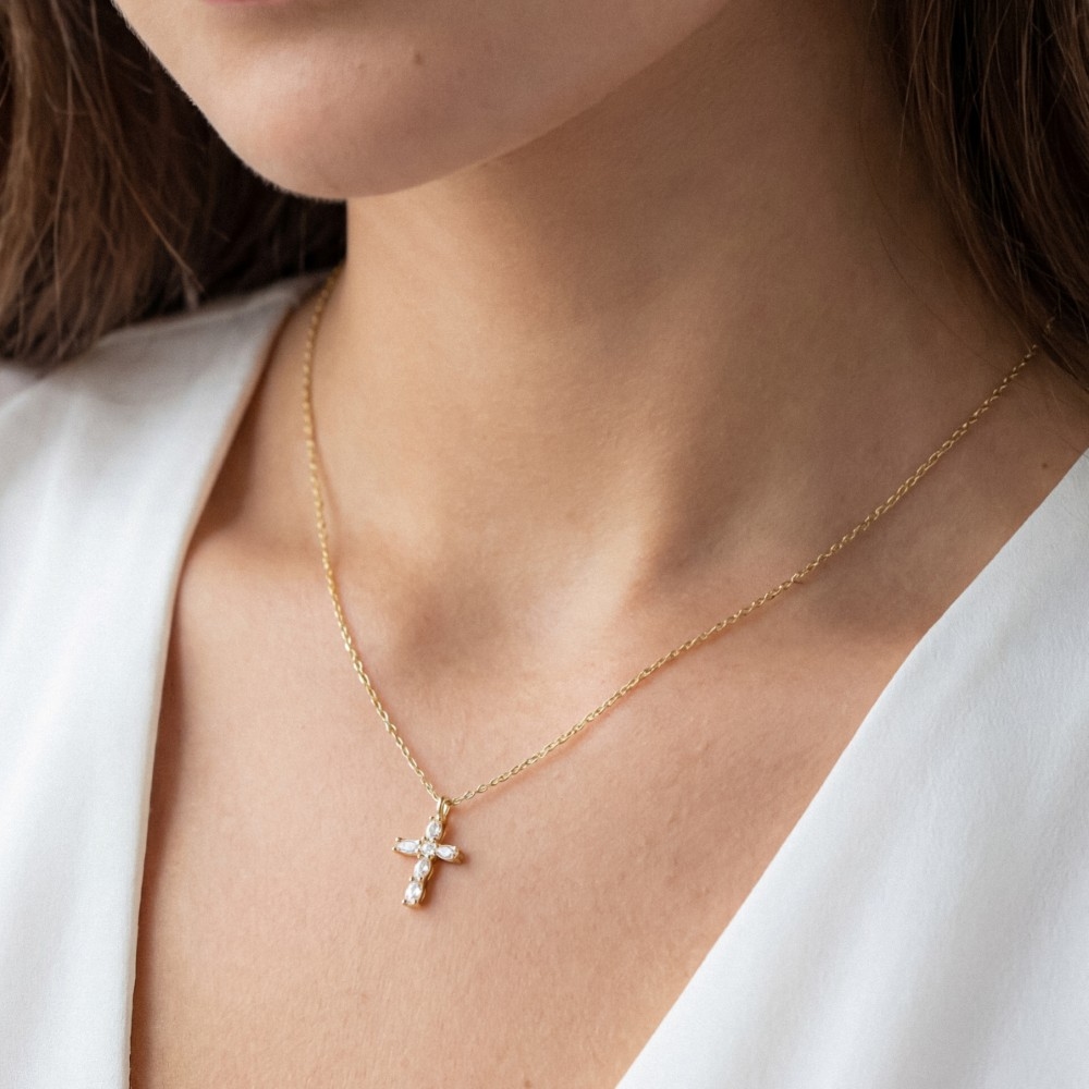 Gold Dipped Cz Cross Pendant Necklace
