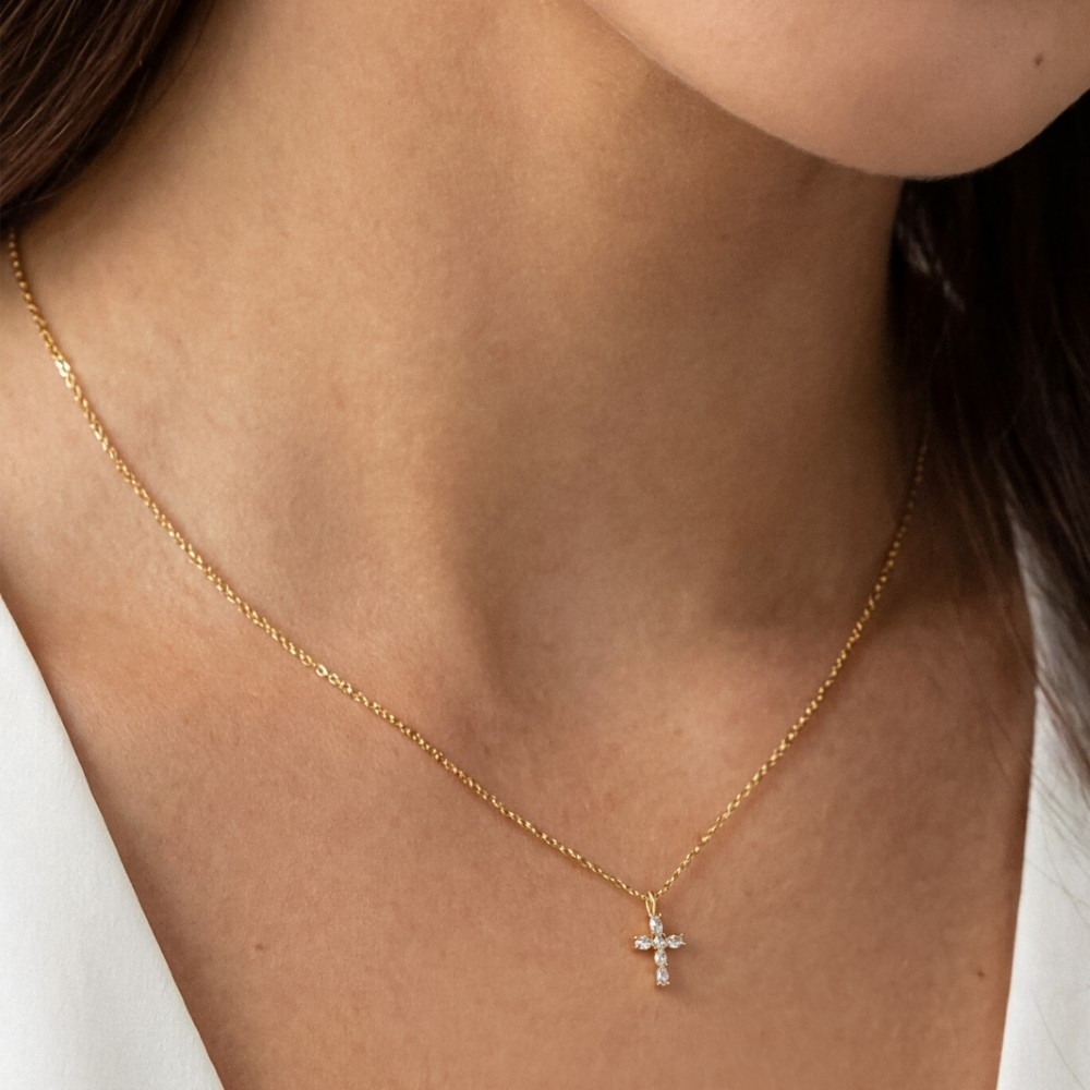 Gold Dipped Dainty Cz Cross Pendant Necklace