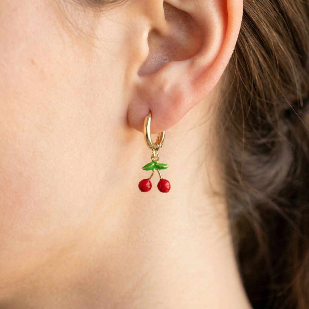 Gold Dipped Epoxy Cherry Charms Hoop Earrings