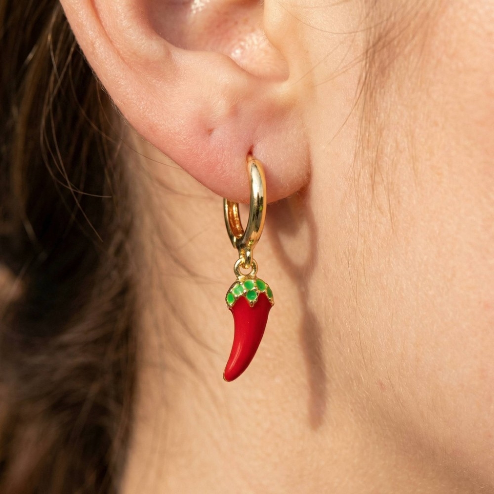 Gold Dipped Epoxy Red Chili Pepper Charm Hoop Earrings
