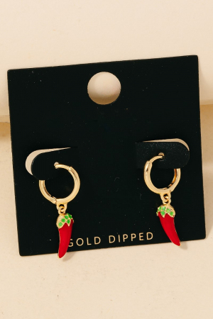 Gold Dipped Epoxy Red Chili Pepper Charm Hoop Earrings