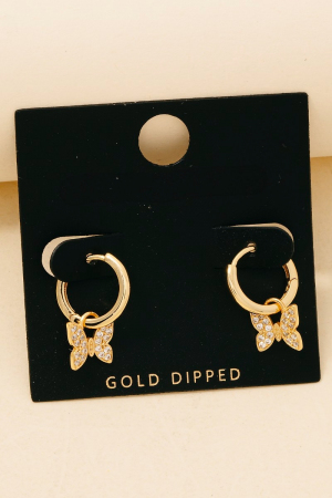 Gold Dipped Cz Pave Butterfly Charm Hoop Earrings
