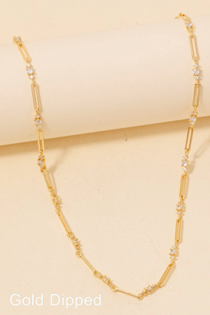 Gold Dipped Oval And Cz Station Gems Chain Necklace