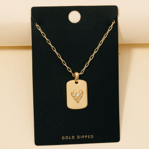 Gold Dipped Cz Heart Dog Tag Pendant Necklace