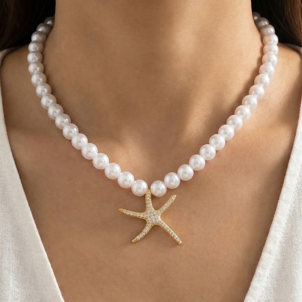 Gold Dipped Starfish Pendant Pearl Beaded Necklace