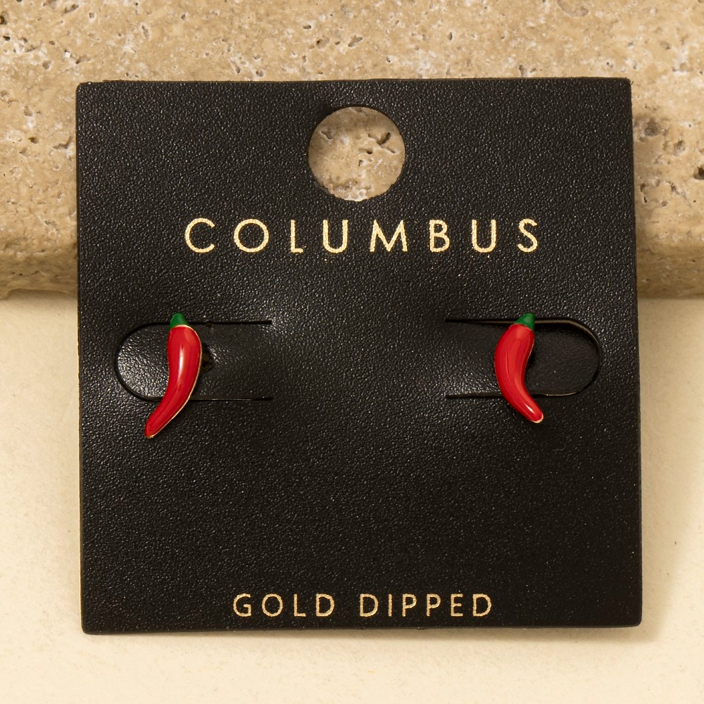 Gold Dipped Enamel Chili Pepper Stud Earrings