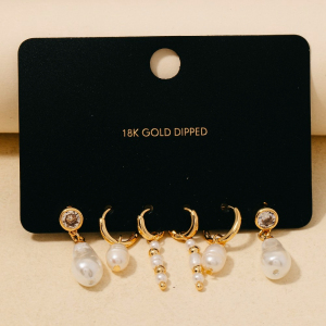 Gold Dipped Assorted Pearl Cz Charms Hoop Earrings Set