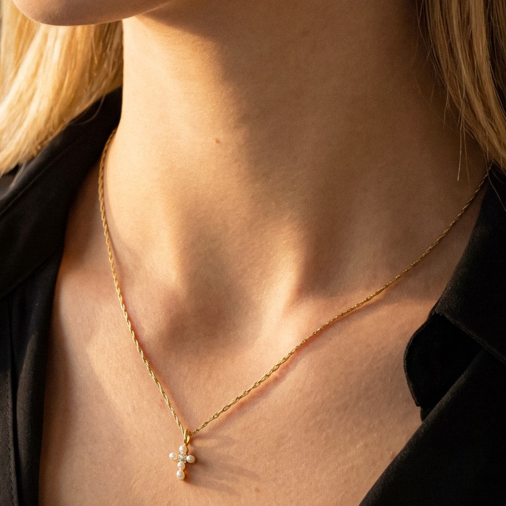 Gold Dipped Cz And Pearl Cross Pendant Necklace