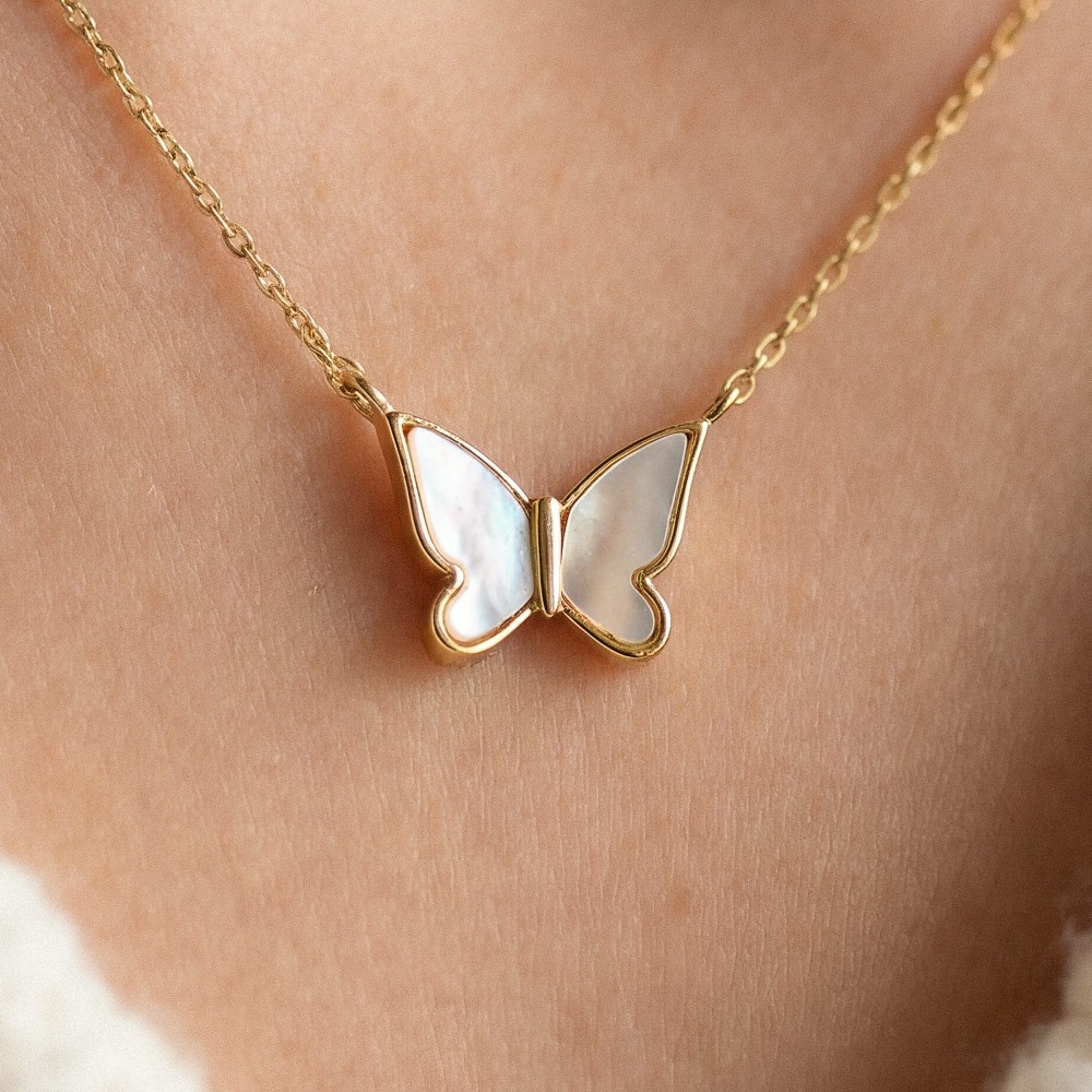 Gold Dipped Mother Of Pearl Butterfly Pendant Necklace