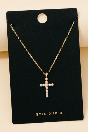 Gold Dipped Pearl And Cz Studded Cross Pendant Necklace