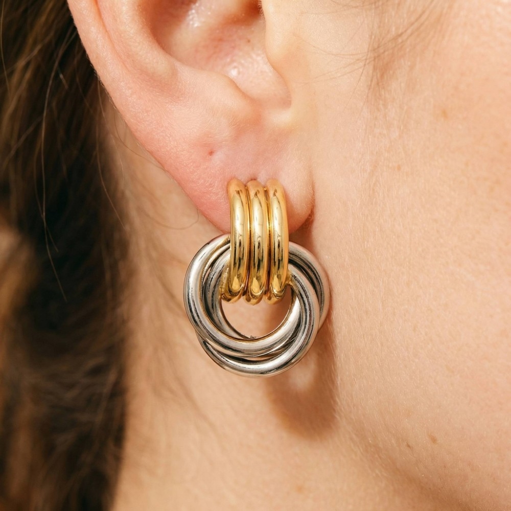 Gold Dipped Two Tone Multi Layered Link Dangle Earrings